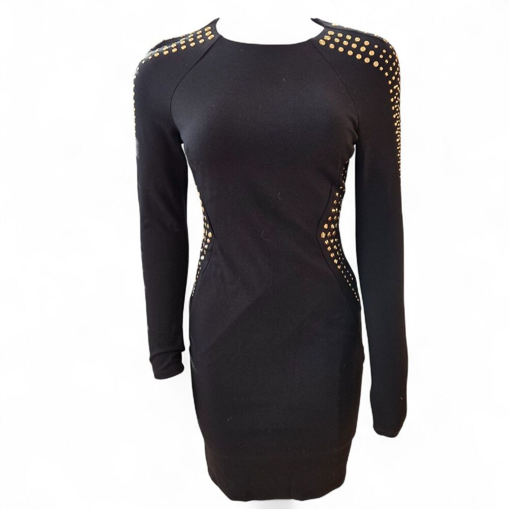 Cache Dress Gold Studs Sz 2 Womens Little‎ Black Sexy 3/4 Sleeve Sheath BodyCon